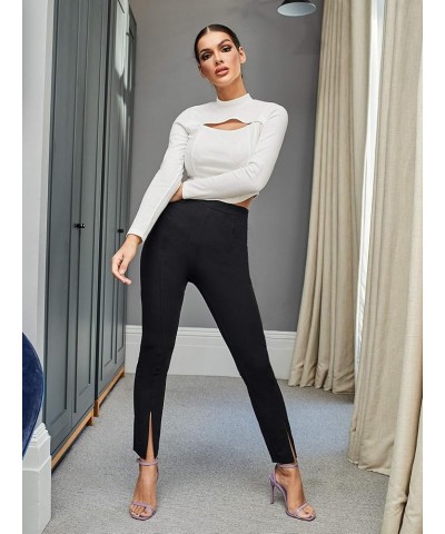 Women's Elegant Elastic Waist Skinny High Waist Pants Pure Black Solid $11.59 Pants