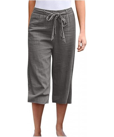 Women's Capri Pants for Summer High Waist Drawstring Cinch Bottom with Button Linen Loose Wide Leg Cropped Pants 04-dark Gray...