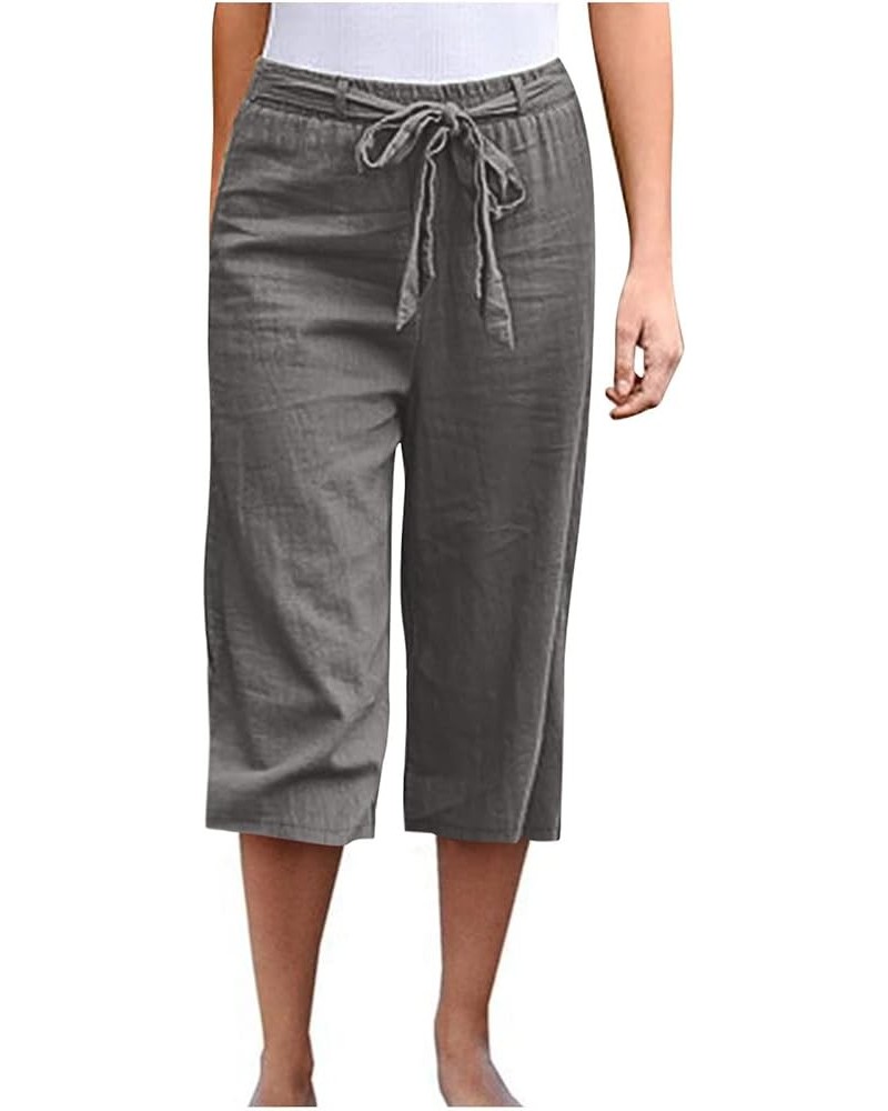 Women's Capri Pants for Summer High Waist Drawstring Cinch Bottom with Button Linen Loose Wide Leg Cropped Pants 04-dark Gray...