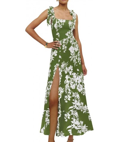 Women's Tie Shoulder Strap Square Neck Sleeveless Tie Waist Side Split Slit Printed Midi Dress Green $28.31 Dresses