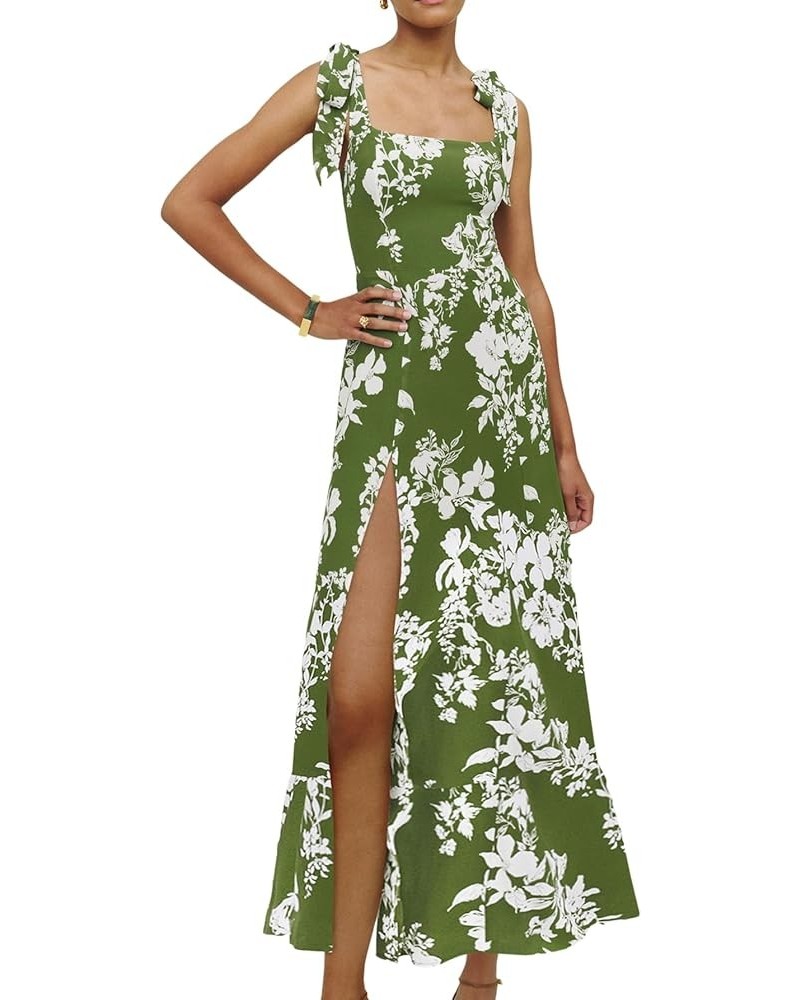 Women's Tie Shoulder Strap Square Neck Sleeveless Tie Waist Side Split Slit Printed Midi Dress Green $28.31 Dresses