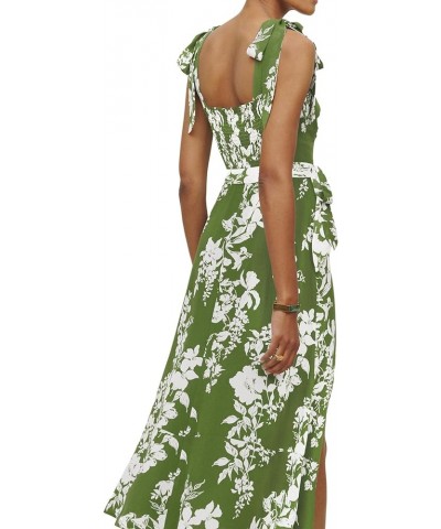 Women's Tie Shoulder Strap Square Neck Sleeveless Tie Waist Side Split Slit Printed Midi Dress Green $28.31 Dresses