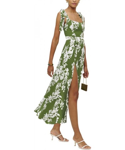 Women's Tie Shoulder Strap Square Neck Sleeveless Tie Waist Side Split Slit Printed Midi Dress Green $28.31 Dresses