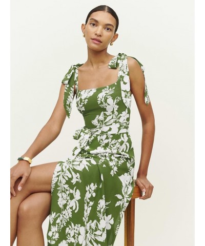 Women's Tie Shoulder Strap Square Neck Sleeveless Tie Waist Side Split Slit Printed Midi Dress Green $28.31 Dresses