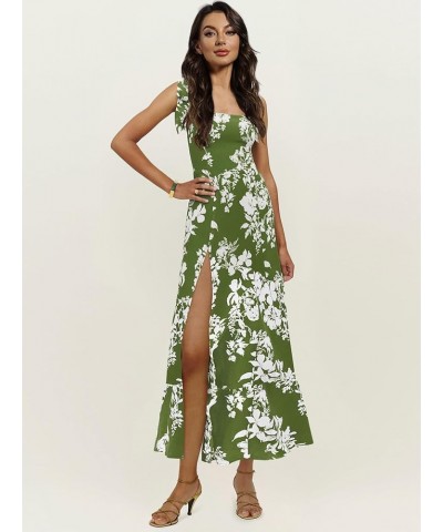 Women's Tie Shoulder Strap Square Neck Sleeveless Tie Waist Side Split Slit Printed Midi Dress Green $28.31 Dresses