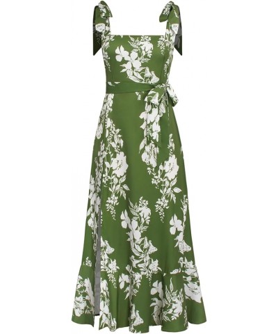 Women's Tie Shoulder Strap Square Neck Sleeveless Tie Waist Side Split Slit Printed Midi Dress Green $28.31 Dresses