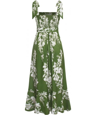 Women's Tie Shoulder Strap Square Neck Sleeveless Tie Waist Side Split Slit Printed Midi Dress Green $28.31 Dresses