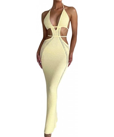 Women's Halter Bodycon Mini Dress Sleeveless Tie Backless Hollow Out Corset Knit Dress Wrap Dress Summer Beach Dress Long-yel...