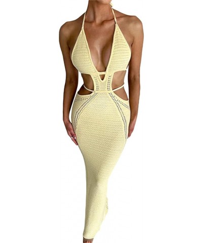 Women's Halter Bodycon Mini Dress Sleeveless Tie Backless Hollow Out Corset Knit Dress Wrap Dress Summer Beach Dress Long-yel...