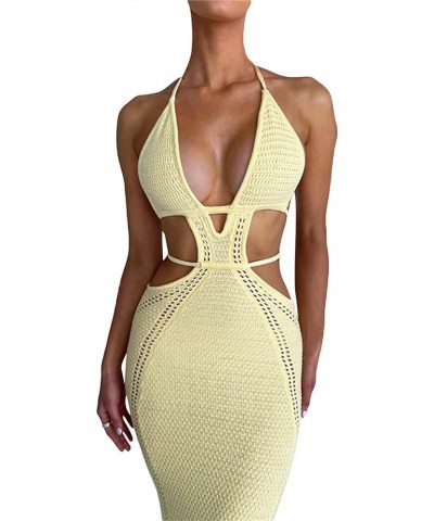 Women's Halter Bodycon Mini Dress Sleeveless Tie Backless Hollow Out Corset Knit Dress Wrap Dress Summer Beach Dress Long-yel...