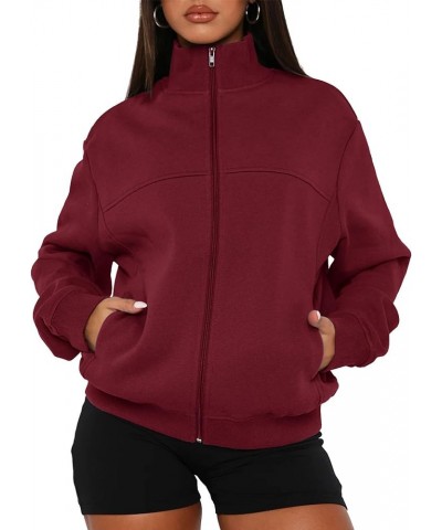 Women's Mock Neck Zip Up Sweatshirts Jackets Long Sleeve Casual Loose Outwear with Pockets Wine Red $14.84 Jackets