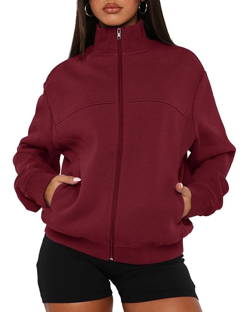 Women's Mock Neck Zip Up Sweatshirts Jackets Long Sleeve Casual Loose Outwear with Pockets Wine Red $14.84 Jackets