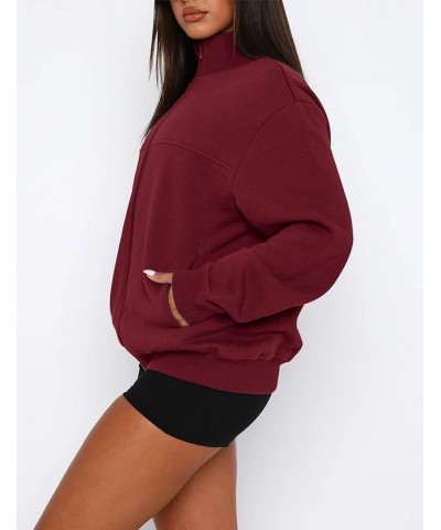 Women's Mock Neck Zip Up Sweatshirts Jackets Long Sleeve Casual Loose Outwear with Pockets Wine Red $14.84 Jackets