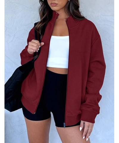 Women's Mock Neck Zip Up Sweatshirts Jackets Long Sleeve Casual Loose Outwear with Pockets Wine Red $14.84 Jackets