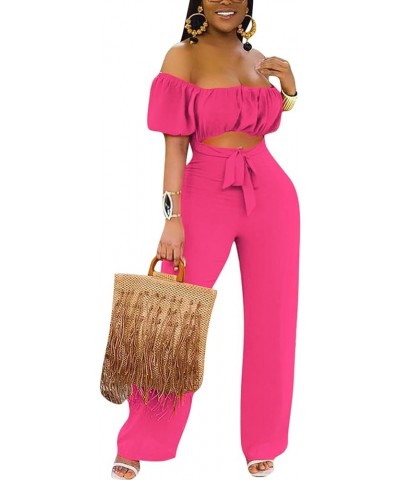 Women's Off Shoulder Cut Out Tie Front High Waist Short Sleeve Wide Leg Pants One Piece Jumpsuit Romper Solid Rose $23.21 Jum...