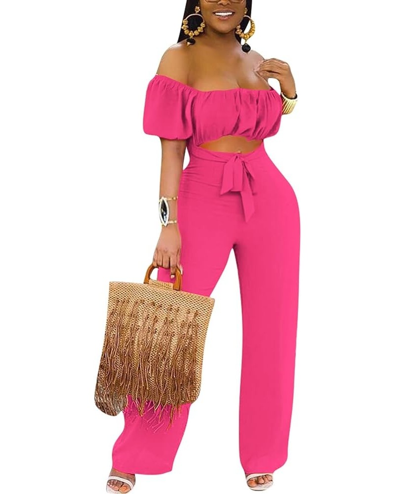 Women's Off Shoulder Cut Out Tie Front High Waist Short Sleeve Wide Leg Pants One Piece Jumpsuit Romper Solid Rose $23.21 Jum...