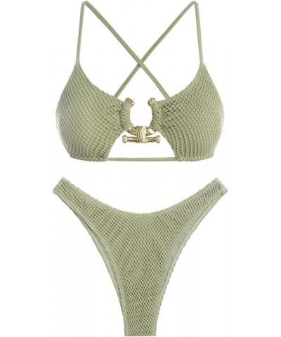 Women's Cutout Bikini Criss Cross Textured Metal High Leg Bikini Sets Cheeky Bikini Two Piece Swimsuit Light Green-728 $21.27...