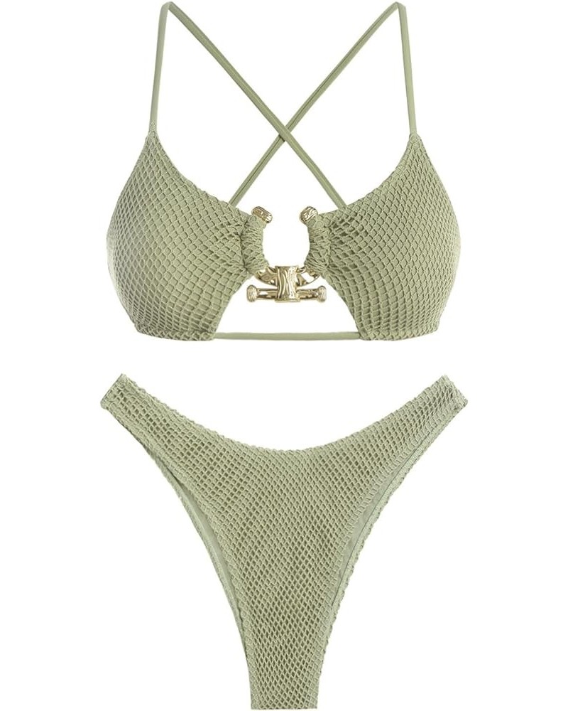 Women's Cutout Bikini Criss Cross Textured Metal High Leg Bikini Sets Cheeky Bikini Two Piece Swimsuit Light Green-728 $21.27...