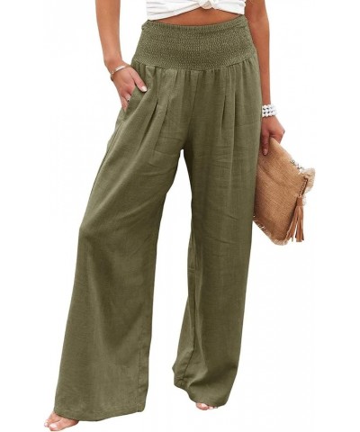 Women Linen Palazzo Pants Summer Flowy Wide Leg Beach Pants Casual Lounge Trousers High Waist Pockets Boho Work Pants Army Gr...