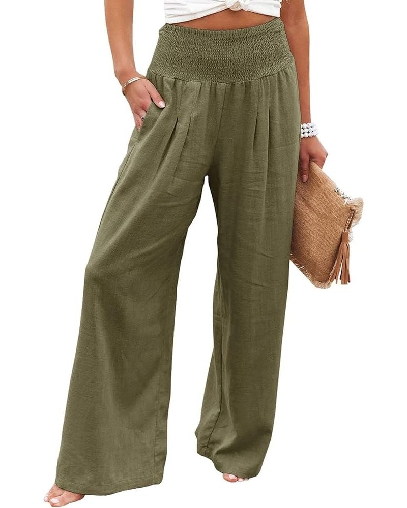 Women Linen Palazzo Pants Summer Flowy Wide Leg Beach Pants Casual Lounge Trousers High Waist Pockets Boho Work Pants Army Gr...