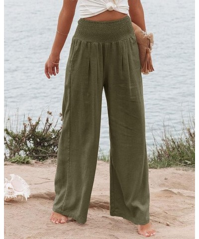 Women Linen Palazzo Pants Summer Flowy Wide Leg Beach Pants Casual Lounge Trousers High Waist Pockets Boho Work Pants Army Gr...