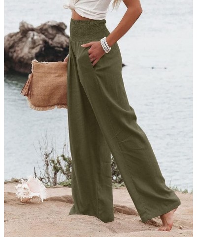 Women Linen Palazzo Pants Summer Flowy Wide Leg Beach Pants Casual Lounge Trousers High Waist Pockets Boho Work Pants Army Gr...