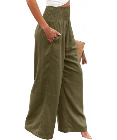 Women Linen Palazzo Pants Summer Flowy Wide Leg Beach Pants Casual Lounge Trousers High Waist Pockets Boho Work Pants Army Gr...