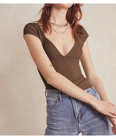 Casual Solid Color Slim Shirt for Women Stretchy Crewneck Short Sleeve Cropped Tops Streetwear 02-low Cut Brown $7.53 T-Shirts