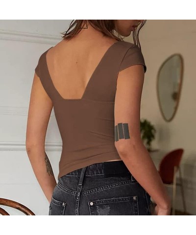 Casual Solid Color Slim Shirt for Women Stretchy Crewneck Short Sleeve Cropped Tops Streetwear 02-low Cut Brown $7.53 T-Shirts