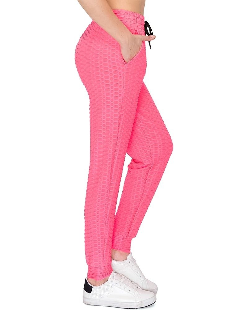 High Waist Honeycomb Joggers - Women's Sexy Compression Slimming Scrunch Booty Pants Gjog128-4030 / Neon Pink $13.08 Leggings