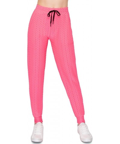 High Waist Honeycomb Joggers - Women's Sexy Compression Slimming Scrunch Booty Pants Gjog128-4030 / Neon Pink $13.08 Leggings