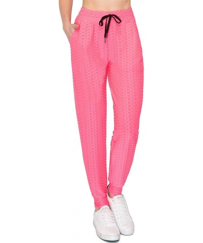 High Waist Honeycomb Joggers - Women's Sexy Compression Slimming Scrunch Booty Pants Gjog128-4030 / Neon Pink $13.08 Leggings