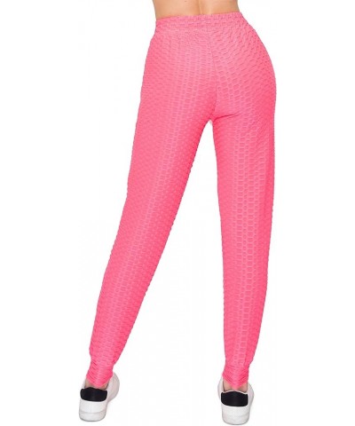 High Waist Honeycomb Joggers - Women's Sexy Compression Slimming Scrunch Booty Pants Gjog128-4030 / Neon Pink $13.08 Leggings