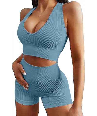 Women's Yoga 2 Piece Seamless Workout Outfits Running Crop Top Gym High Waist Sport Shorts Set Blue $14.99 Activewear