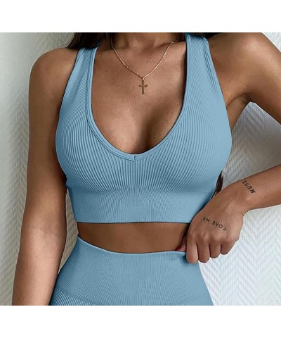 Women's Yoga 2 Piece Seamless Workout Outfits Running Crop Top Gym High Waist Sport Shorts Set Blue $14.99 Activewear