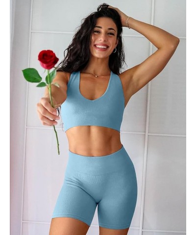 Women's Yoga 2 Piece Seamless Workout Outfits Running Crop Top Gym High Waist Sport Shorts Set Blue $14.99 Activewear