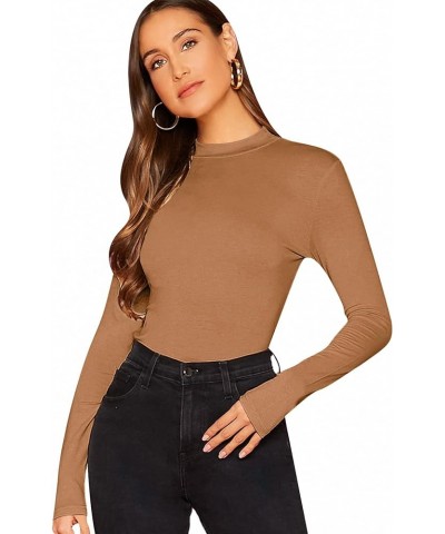 Women's Basic Mock Neck Slim Fitted Long Sleeve Pullovers Tee Tops Dark Khaki $8.39 T-Shirts