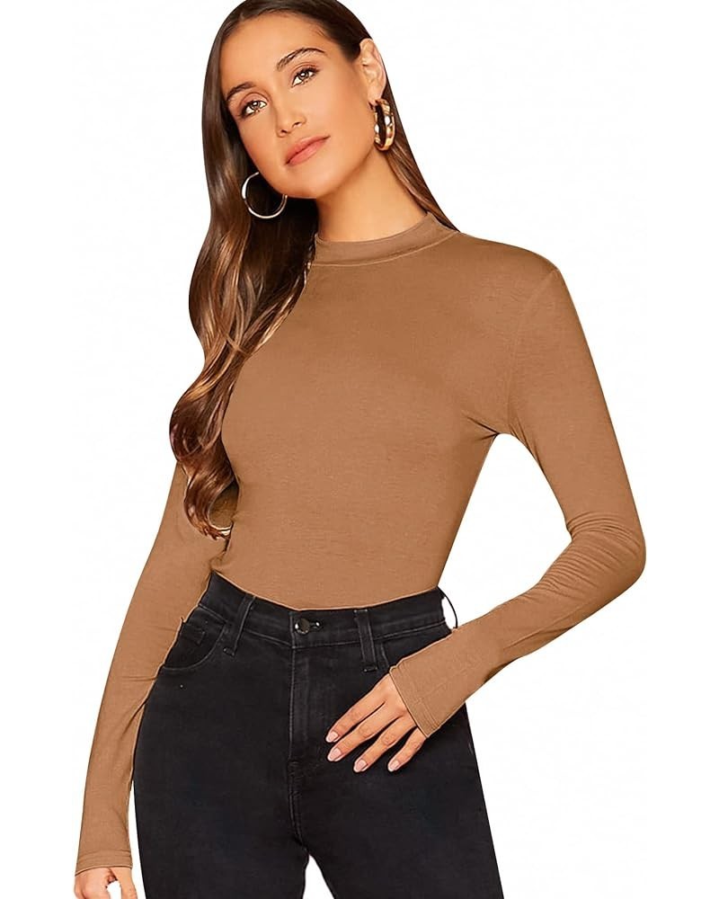 Women's Basic Mock Neck Slim Fitted Long Sleeve Pullovers Tee Tops Dark Khaki $8.39 T-Shirts