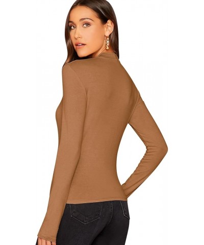 Women's Basic Mock Neck Slim Fitted Long Sleeve Pullovers Tee Tops Dark Khaki $8.39 T-Shirts