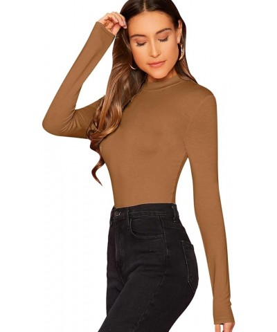 Women's Basic Mock Neck Slim Fitted Long Sleeve Pullovers Tee Tops Dark Khaki $8.39 T-Shirts