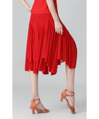 Elegant Ballroom Dance Mesh Skirt Elastic 360 Degree High Waist Waltz Dance Race Skirt with Long Swing Red $20.70 Skirts