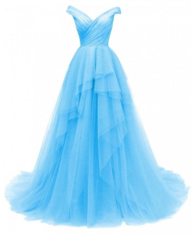 Ruffle Off Shoulder Tulle Prom Dresses Long Ball Gown Princess Wedding Evening Dress Sky Blue $58.50 Dresses