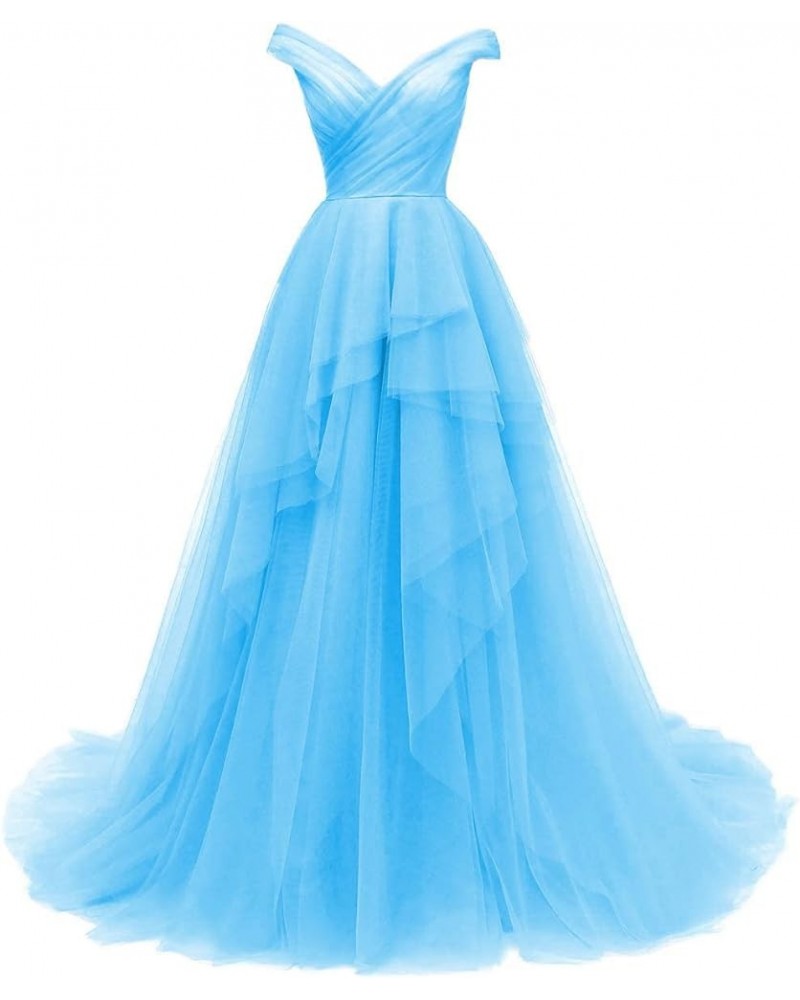 Ruffle Off Shoulder Tulle Prom Dresses Long Ball Gown Princess Wedding Evening Dress Sky Blue $58.50 Dresses