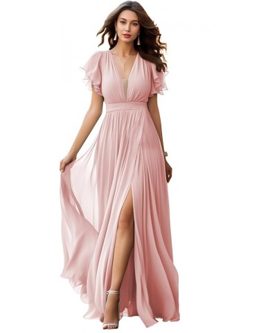 V Neck Chiffon Bridesmaid Dresses for Wedding Flutter Sleeve Pleated A Line Long Formal Prom Dress with Slit Blush Pink $31.8...