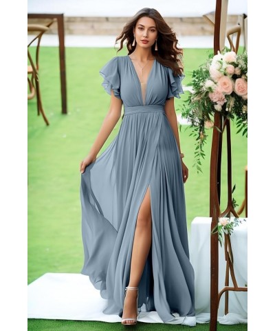 V Neck Chiffon Bridesmaid Dresses for Wedding Flutter Sleeve Pleated A Line Long Formal Prom Dress with Slit Blush Pink $31.8...