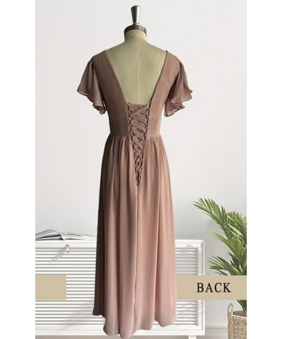 V Neck Chiffon Bridesmaid Dresses for Wedding Flutter Sleeve Pleated A Line Long Formal Prom Dress with Slit Blush Pink $31.8...