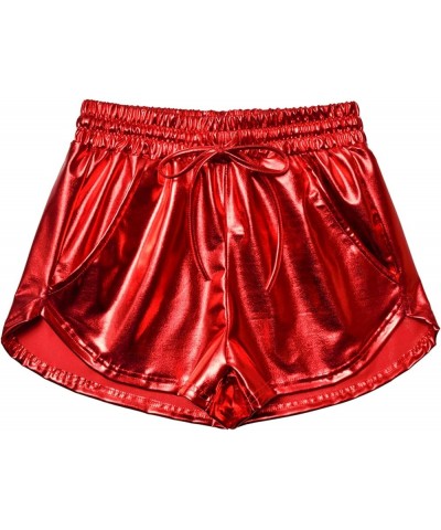 Women's Metallic Shorts Yoga Shiny Sparkly Hot Drawstring Outfit Short Pants Shinny Red $15.11 Activewear