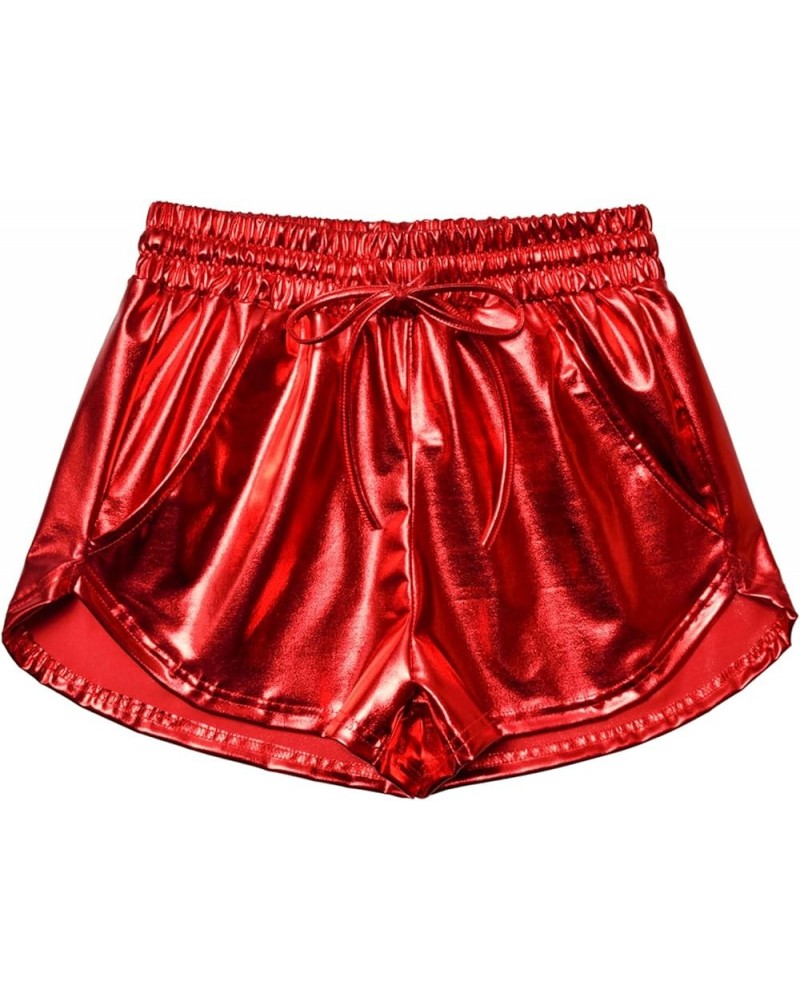 Women's Metallic Shorts Yoga Shiny Sparkly Hot Drawstring Outfit Short Pants Shinny Red $15.11 Activewear