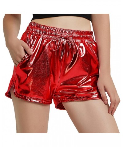 Women's Metallic Shorts Yoga Shiny Sparkly Hot Drawstring Outfit Short Pants Shinny Red $15.11 Activewear