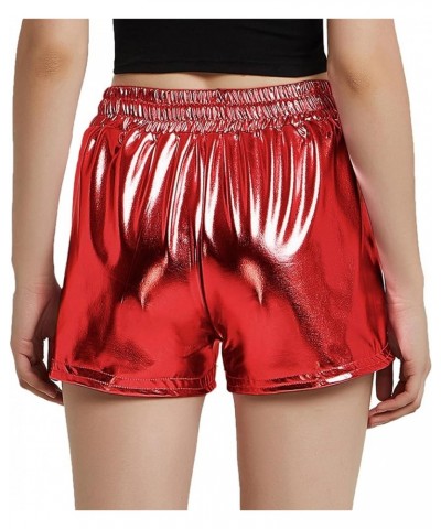 Women's Metallic Shorts Yoga Shiny Sparkly Hot Drawstring Outfit Short Pants Shinny Red $15.11 Activewear